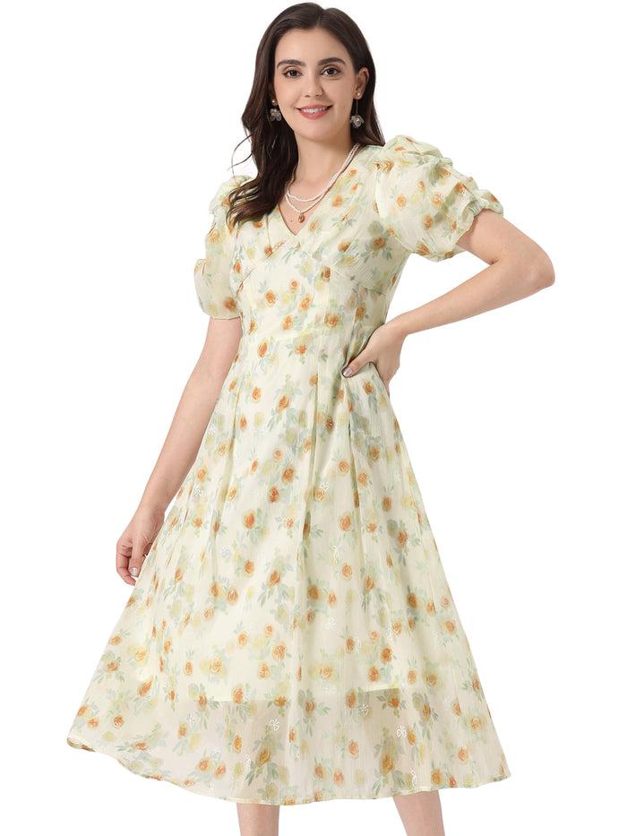 Allegra K Floral Print Short Sleeve Cinched Waist Long Midi Dress