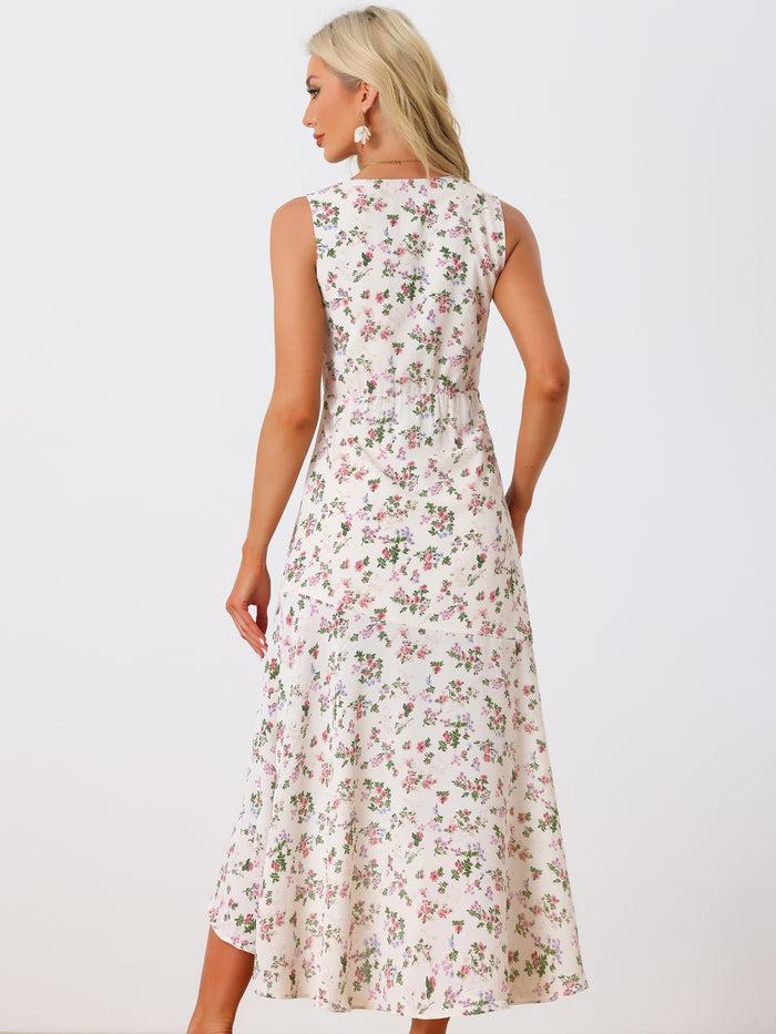 Allegra K Floral Print Summer High Low Side Slit Sleeveless Maxi Dress