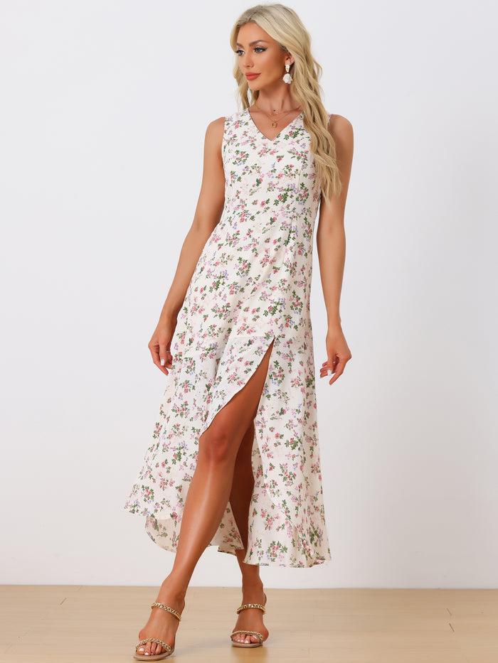 allegra k Floral Print Summer High Low Side Slit Sleeveless Maxi Dress