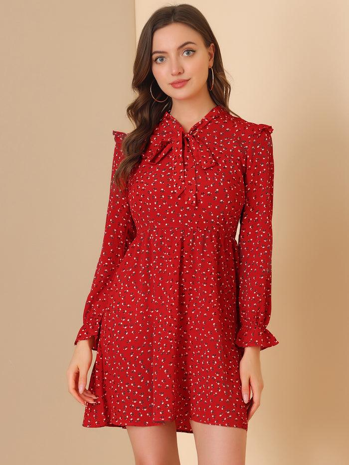Allegra K Floral Print Tie Neck High Waist Long Sleeve Ruffle Cuff Mini Dress