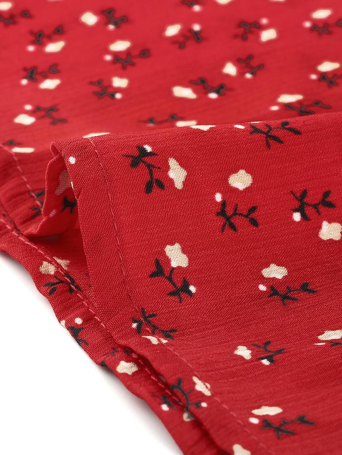 Allegra K Floral Print Tie Neck High Waist Long Sleeve Ruffle Cuff Mini Dress