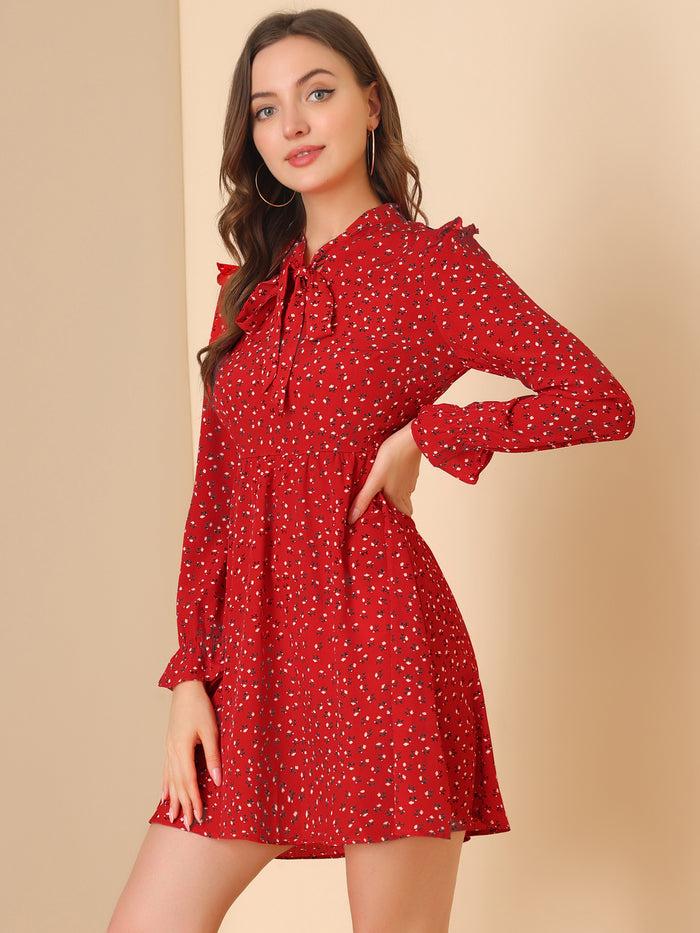 Allegra K Floral Print Tie Neck High Waist Long Sleeve Ruffle Cuff Mini Dress