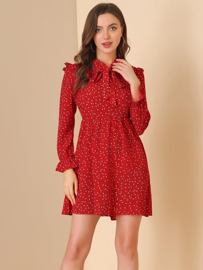 allegra k Floral Print Tie Neck High Waist Long Sleeve Ruffle Cuff Mini Dress