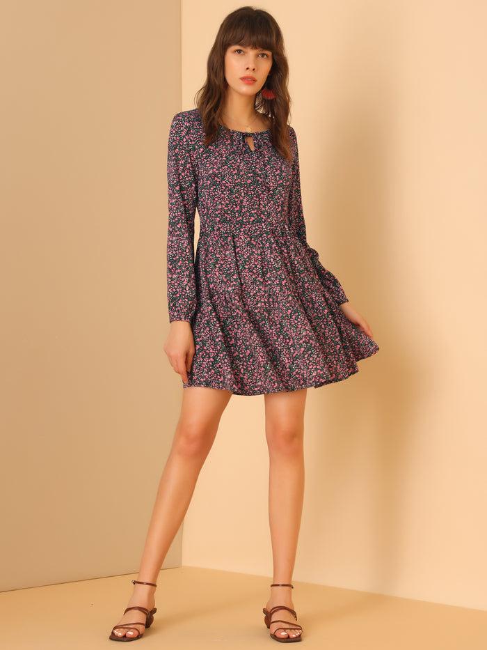 Allegra K Floral Print Tiered Lightweight Flowy Long Sleeve Dress