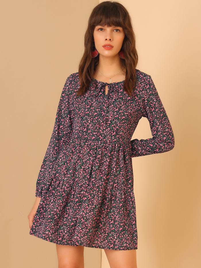 allegra k Floral Print Tiered Lightweight Flowy Long Sleeve Dress