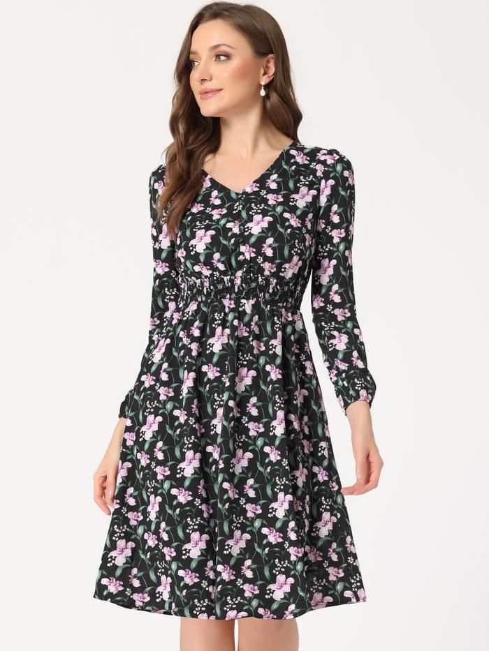 Allegra K Floral Print V-Neck Long Sleeve Smocked Waist Midi Dress