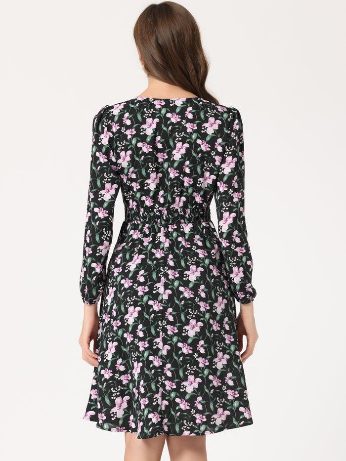 Allegra K Floral Print V-Neck Long Sleeve Smocked Waist Midi Dress