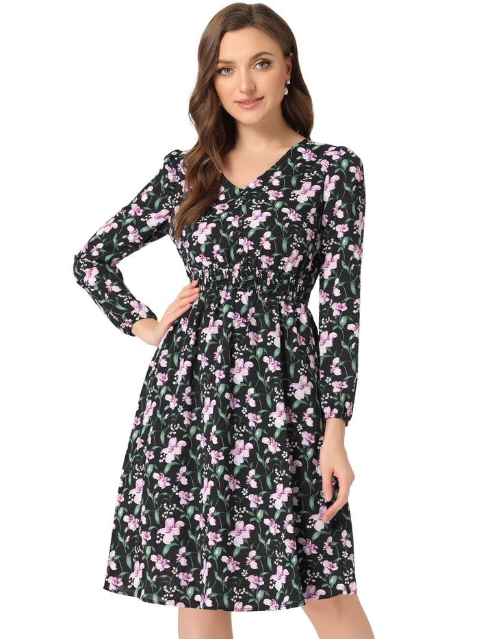 Allegra K Floral Print V-Neck Long Sleeve Smocked Waist Midi Dress