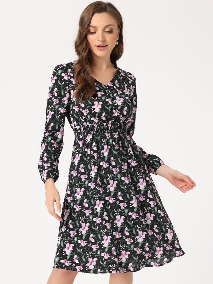 allegra k Floral Print V-Neck Long Sleeve Smocked Waist Midi Dress
