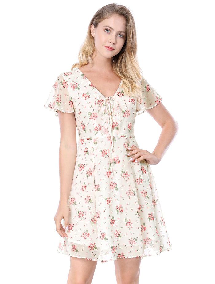 Allegra K Floral Printed Flare Short Sleeve Lace-up V Neck Chiffon Dress