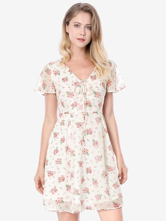 allegra k Floral Printed Flare Short Sleeve Lace-up V Neck Chiffon Dress