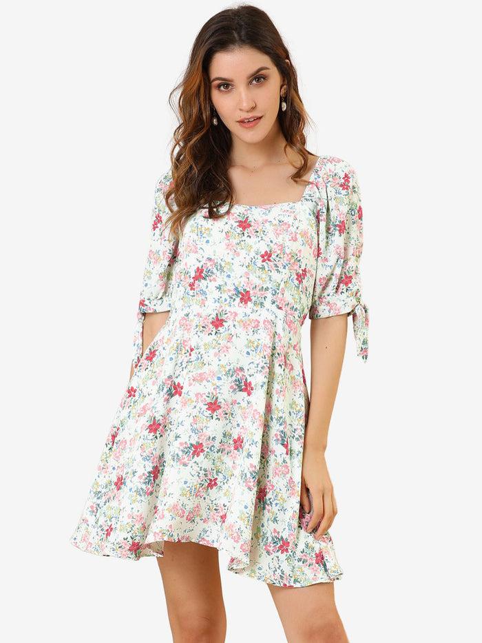 allegra k Floral Printed Sweetheart Neck Puff Sleeve A-Line Mini Dress