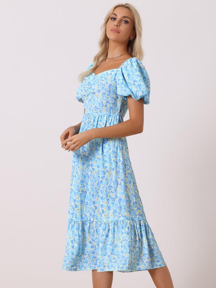 Allegra K Floral Puff Short Sleeve A-Line Casual Midi Dress