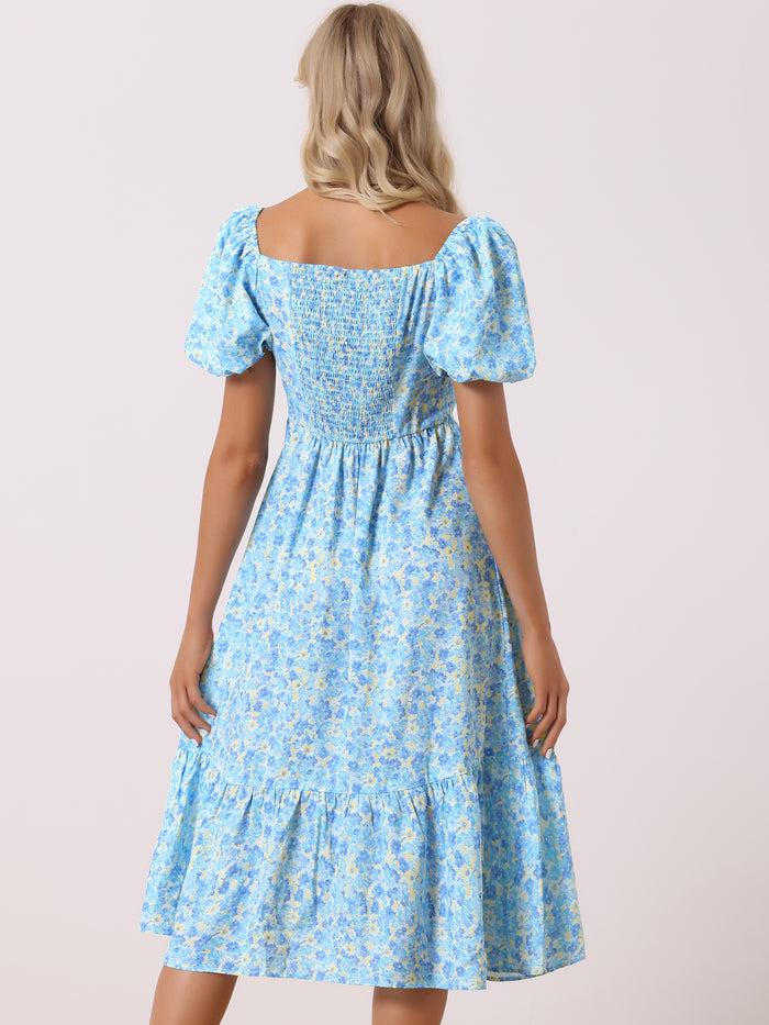 Allegra K Floral Puff Short Sleeve A-Line Casual Midi Dress