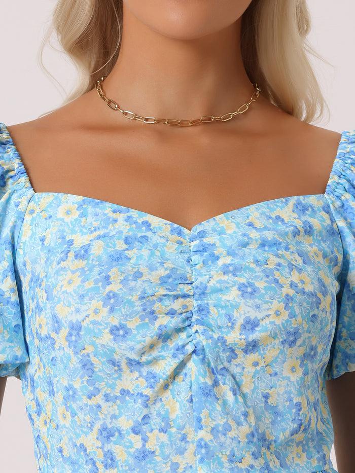 Allegra K Floral Puff Short Sleeve A-Line Casual Midi Dress