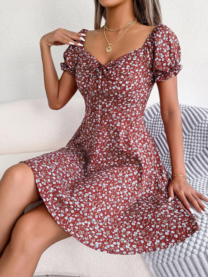 Allegra K Floral Puff Short Sleeves A-Line Mini Dress