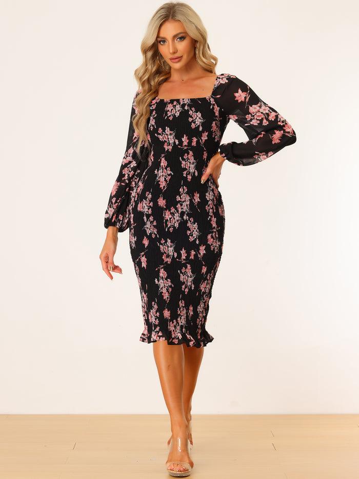 Allegra K Floral Puff Sleeve Ruffle Bodycon Square Neck Smocked Mermaid Dress