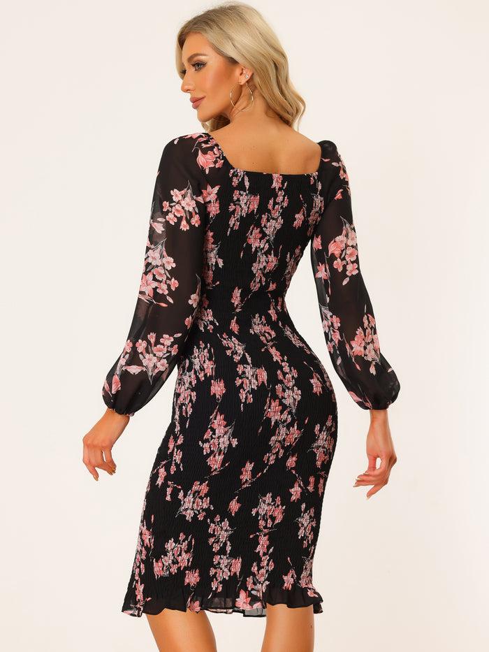 Allegra K Floral Puff Sleeve Ruffle Bodycon Square Neck Smocked Mermaid Dress