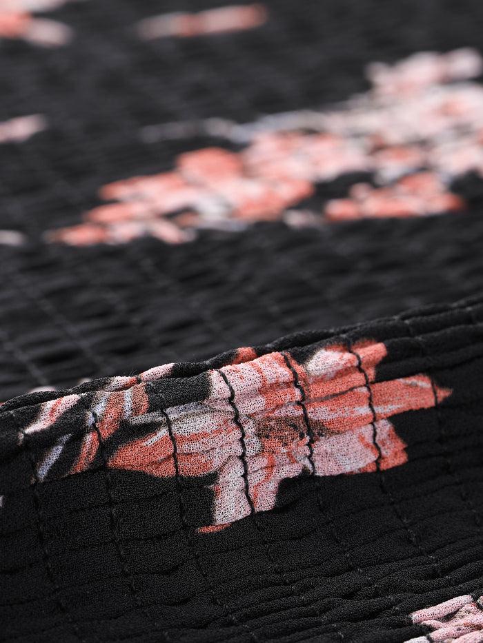 Allegra K Floral Puff Sleeve Ruffle Bodycon Square Neck Smocked Mermaid Dress