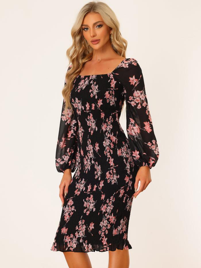 allegra k Floral Puff Sleeve Ruffle Bodycon Square Neck Smocked Mermaid Dress