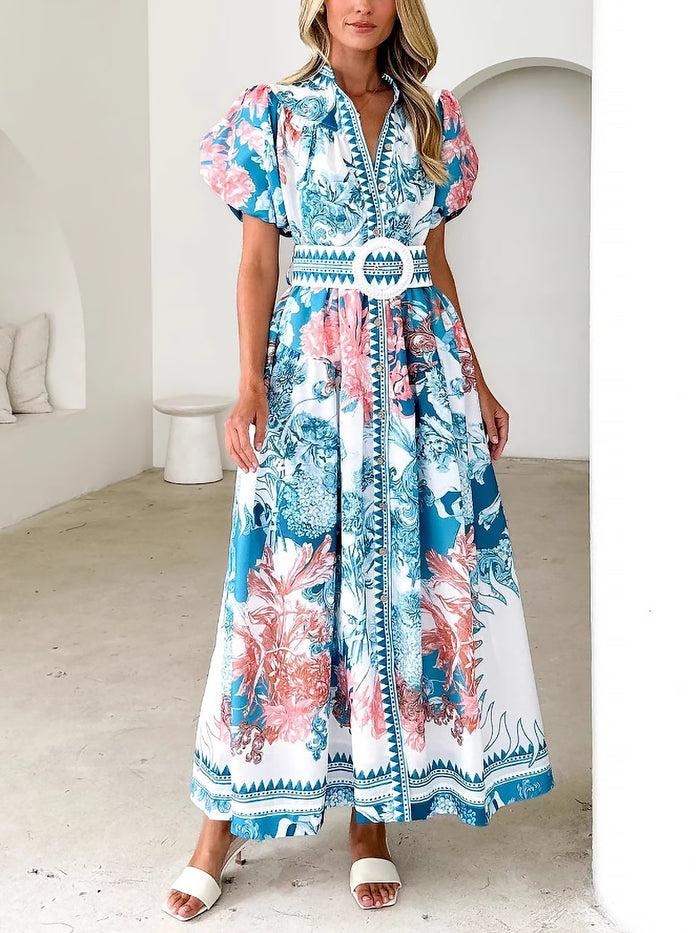 Allegra K Floral Puff Sleeves Button Down Belted Maxi Dress