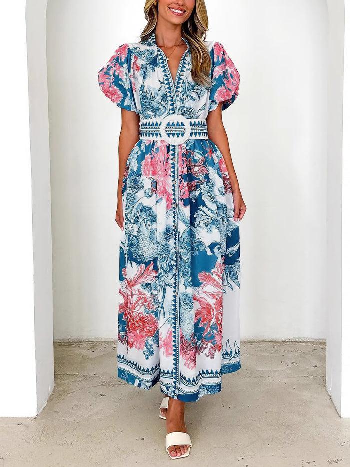 Allegra K Floral Puff Sleeves Button Down Belted Maxi Dress