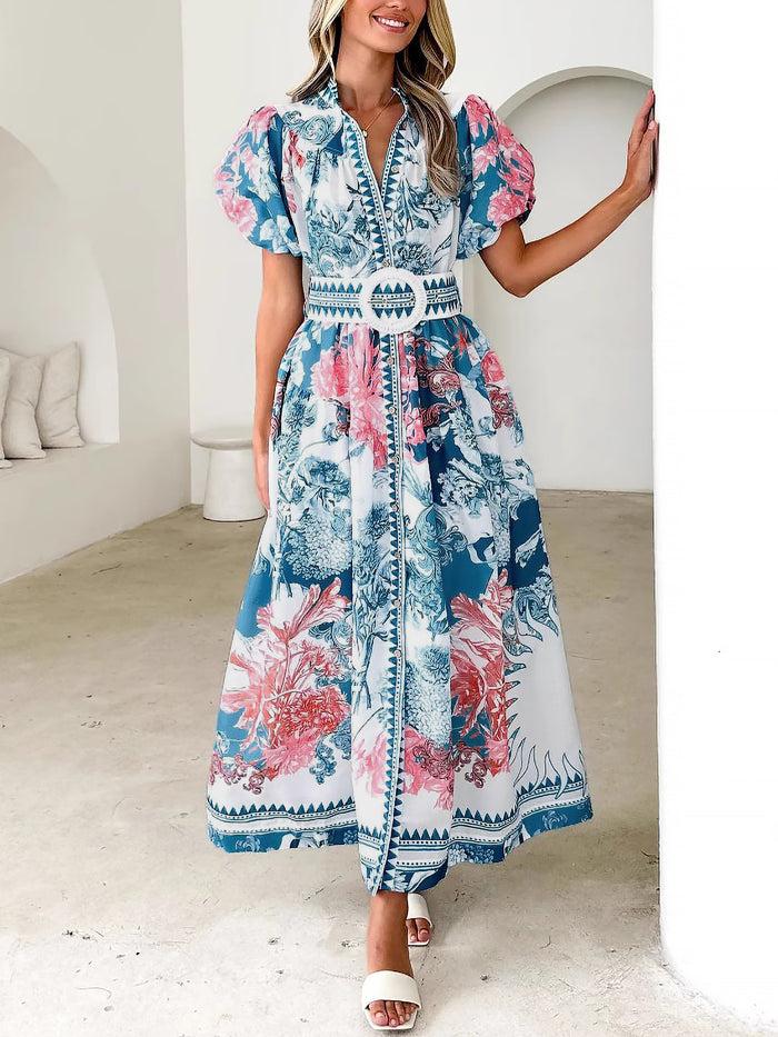 allegra k Floral Puff Sleeves Button Down Belted Maxi Dress