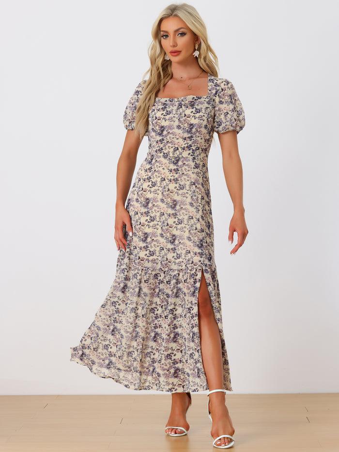 Allegra K Floral Puff Sleeves Square Neck Ruffle Slit Maxi Dress