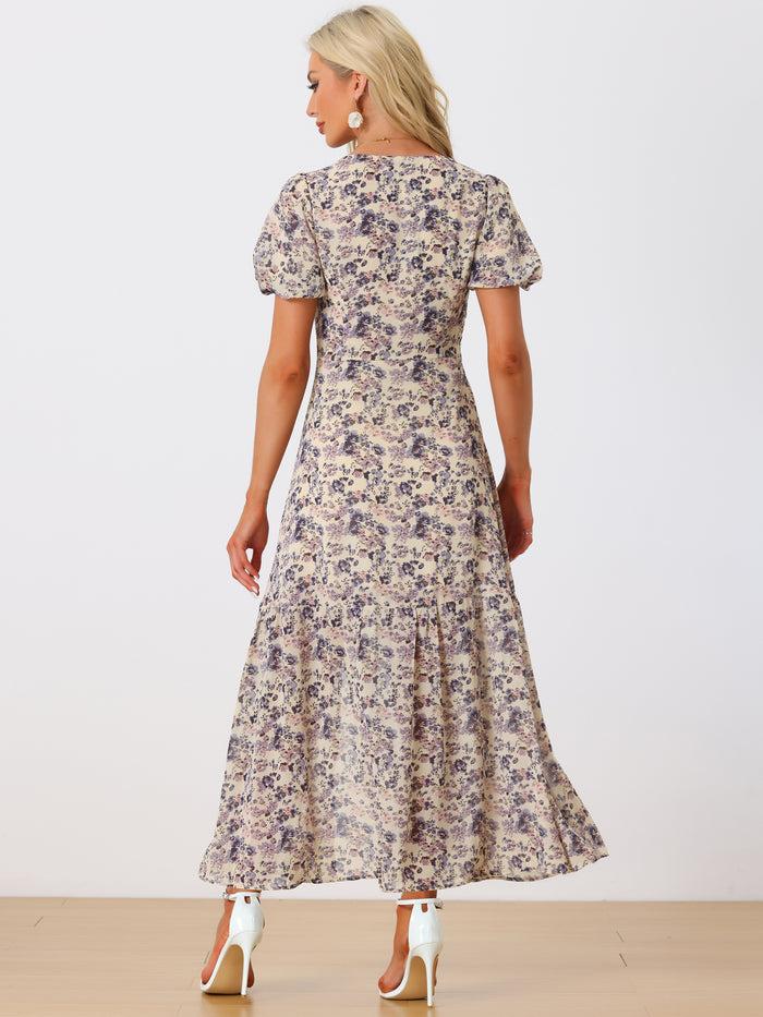 Allegra K Floral Puff Sleeves Square Neck Ruffle Slit Maxi Dress