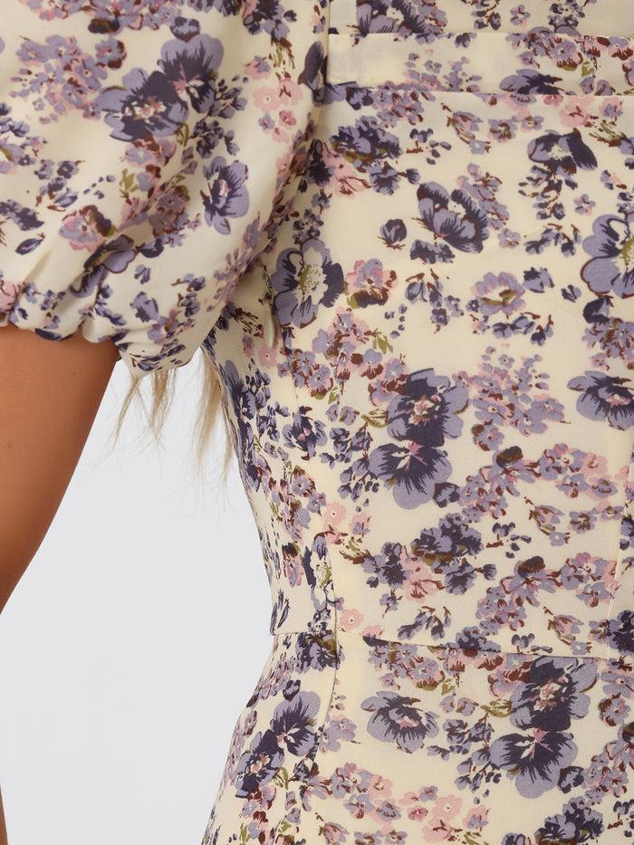 Allegra K Floral Puff Sleeves Square Neck Ruffle Slit Maxi Dress