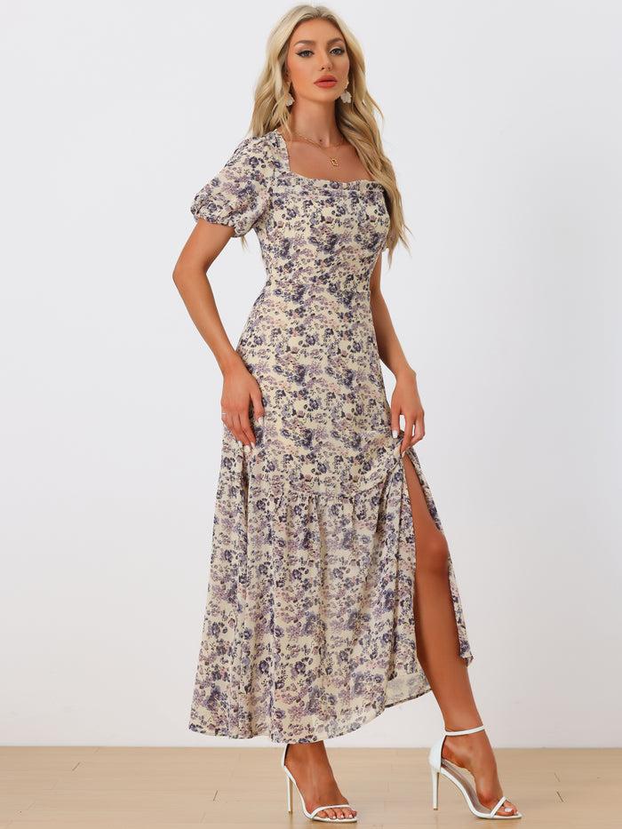 allegra k Floral Puff Sleeves Square Neck Ruffle Slit Maxi Dress