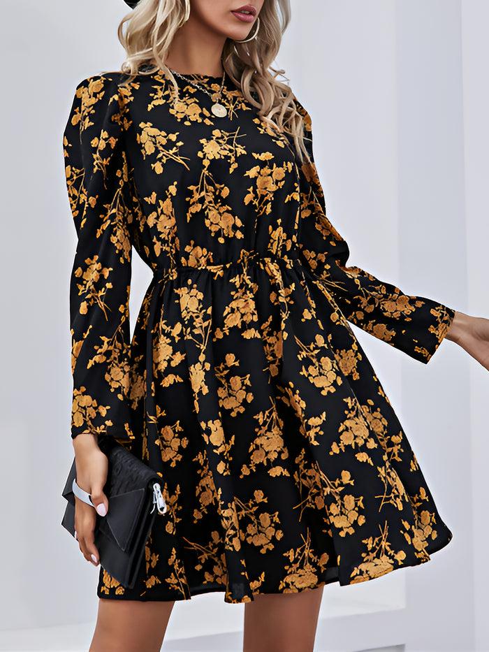 allegra k Floral Round Neck Long Sleeve Mini A-Line Dress