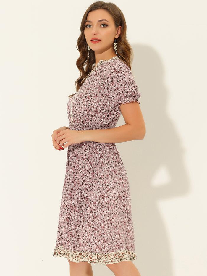 Allegra K Floral Ruffle Neck Smocked Waist Short Sleeve Midi Dress