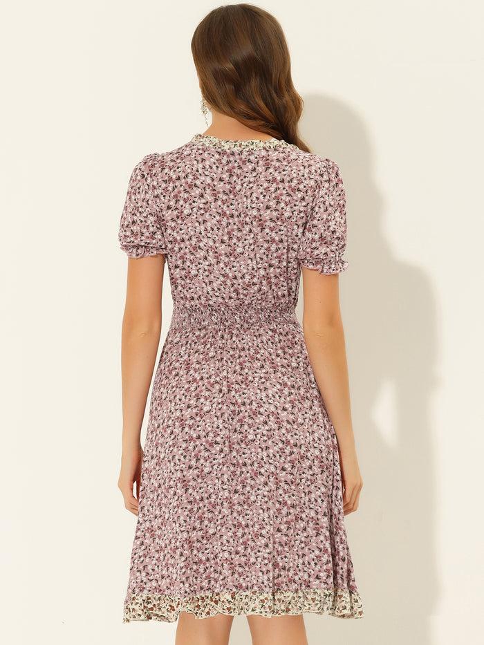 Allegra K Floral Ruffle Neck Smocked Waist Short Sleeve Midi Dress
