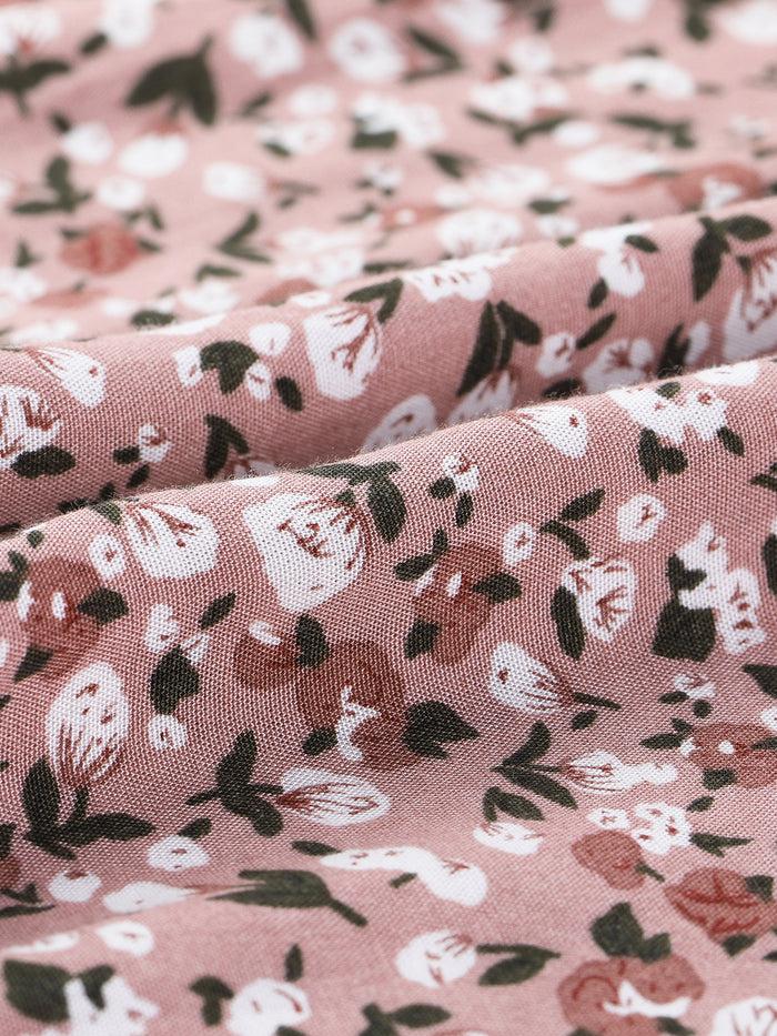 Allegra K Floral Ruffle Neck Smocked Waist Short Sleeve Midi Dress