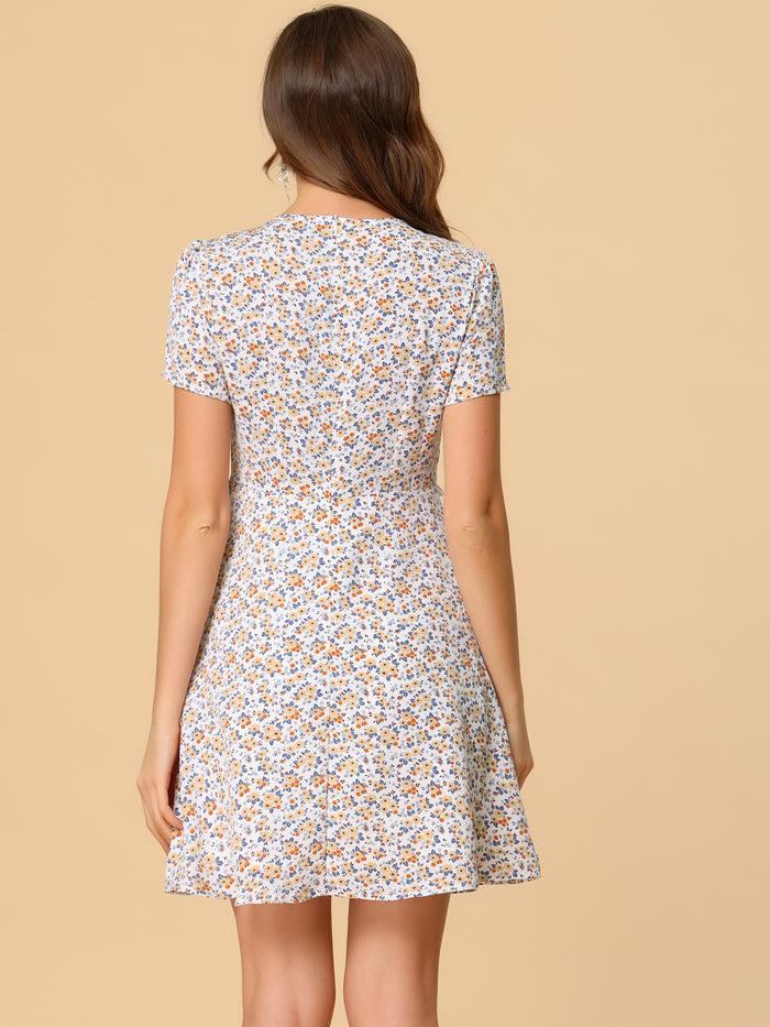Allegra K Floral Ruffle Trim Tie Front Short Sleeve Summer Flowy Dress