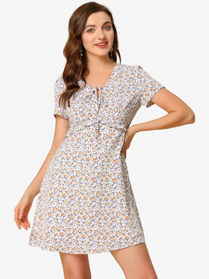 allegra k Floral Ruffle Trim Tie Front Short Sleeve Summer Flowy Dress