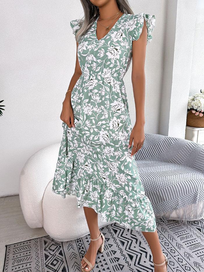 allegra k Floral Ruffled Cap Sleeves A-Line Midi Dress