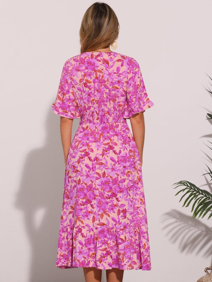 Allegra K Floral Ruffled Hem Short Sleeve Smock Midi Dress
