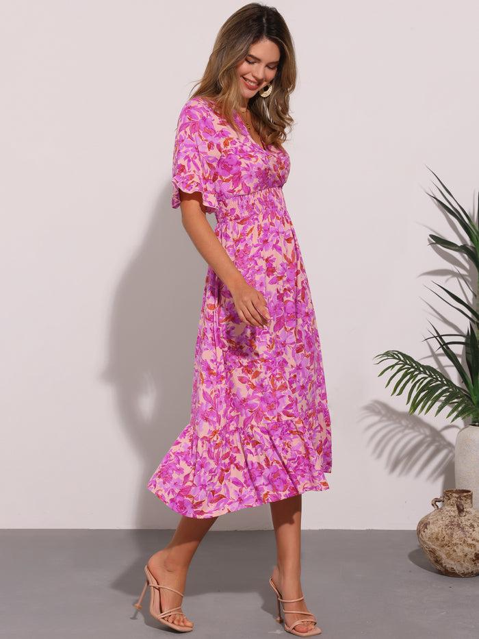 Allegra K Floral Ruffled Hem Short Sleeve Smock Midi Dress