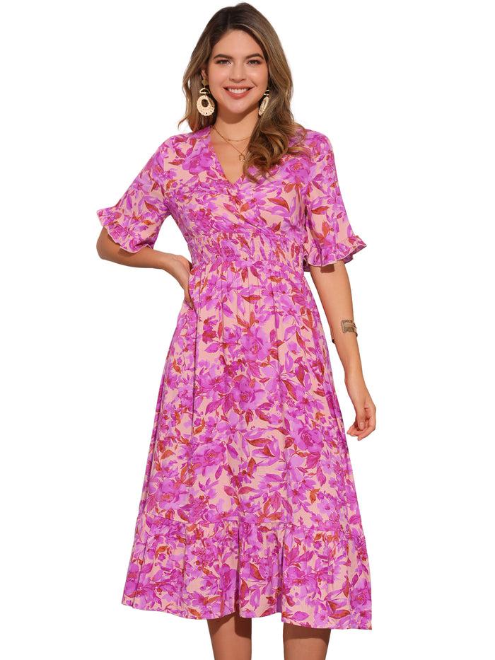 Allegra K Floral Ruffled Hem Short Sleeve Smock Midi Dress