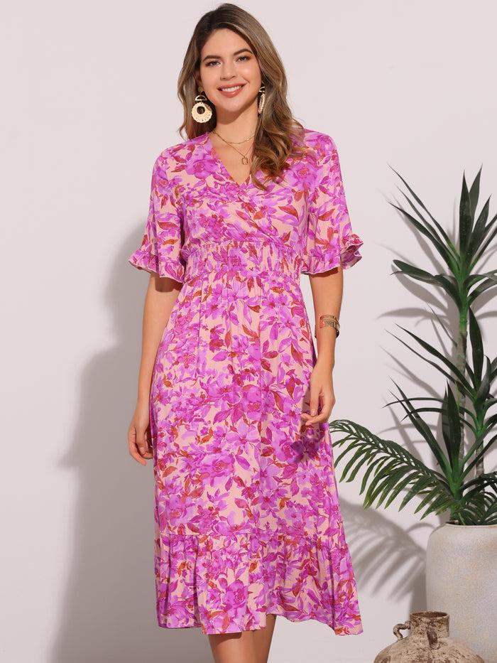 allegra k Floral Ruffled Hem Short Sleeve Smock Midi Dress