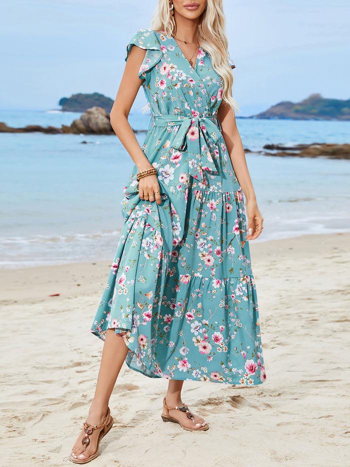 Allegra K Floral Ruffled Sleeves Lace-Up Tiered Maxi Dress
