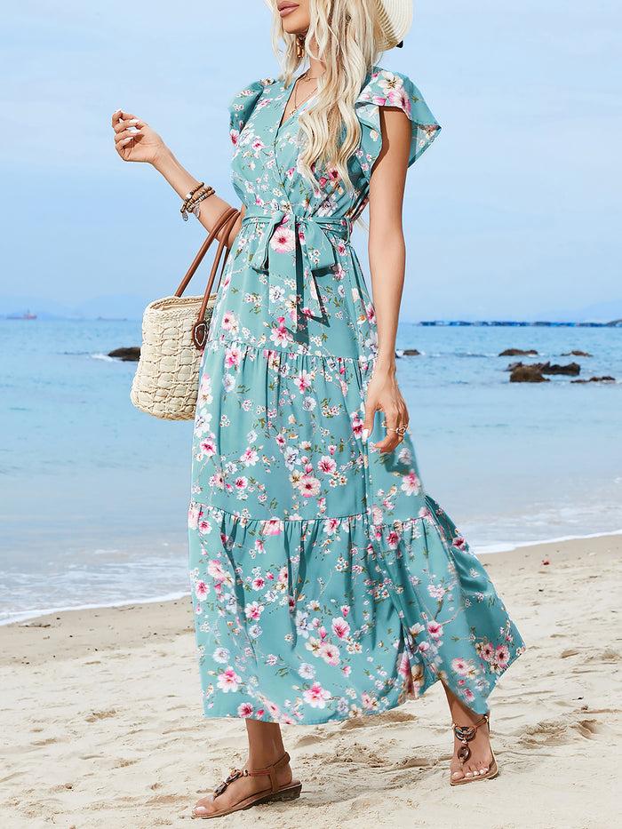 Allegra K Floral Ruffled Sleeves Lace-Up Tiered Maxi Dress