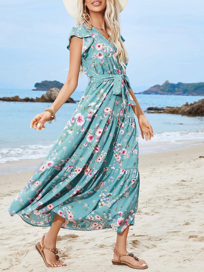 Allegra K Floral Ruffled Sleeves Lace-Up Tiered Maxi Dress