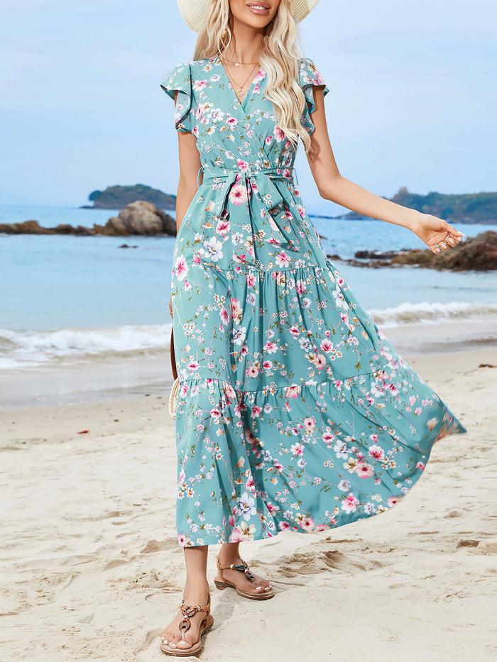 allegra k Floral Ruffled Sleeves Lace-Up Tiered Maxi Dress
