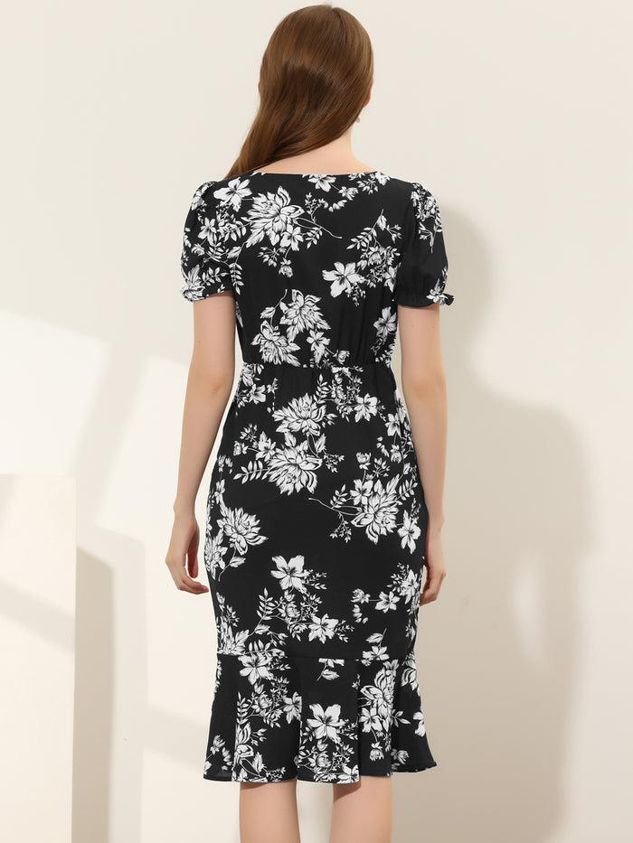 Allegra K Floral Scoop Neck Short Sleeve Ruffle Fishtail Mermaid Midi Dress