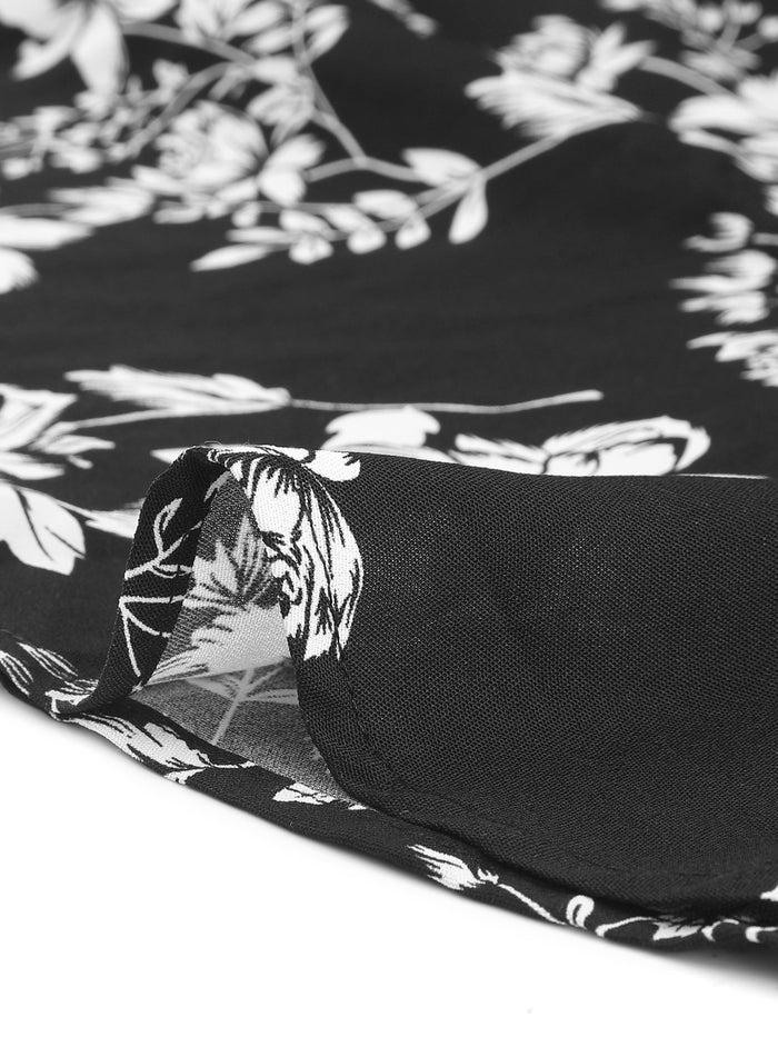 Allegra K Floral Scoop Neck Short Sleeve Ruffle Fishtail Mermaid Midi Dress