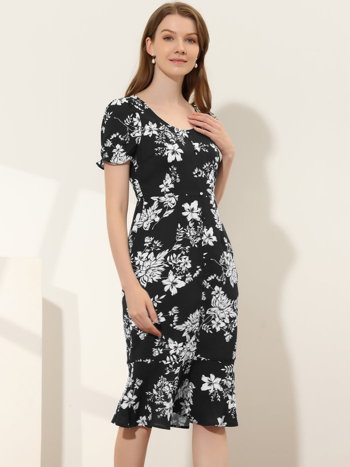 allegra k Floral Scoop Neck Short Sleeve Ruffle Fishtail Mermaid Midi Dress