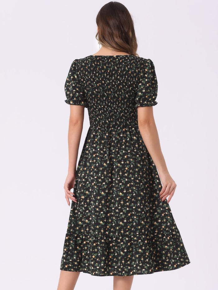 Allegra K Floral Shirred Puff Short Sleeves V Neck Ruffled Hem Midi Dress
